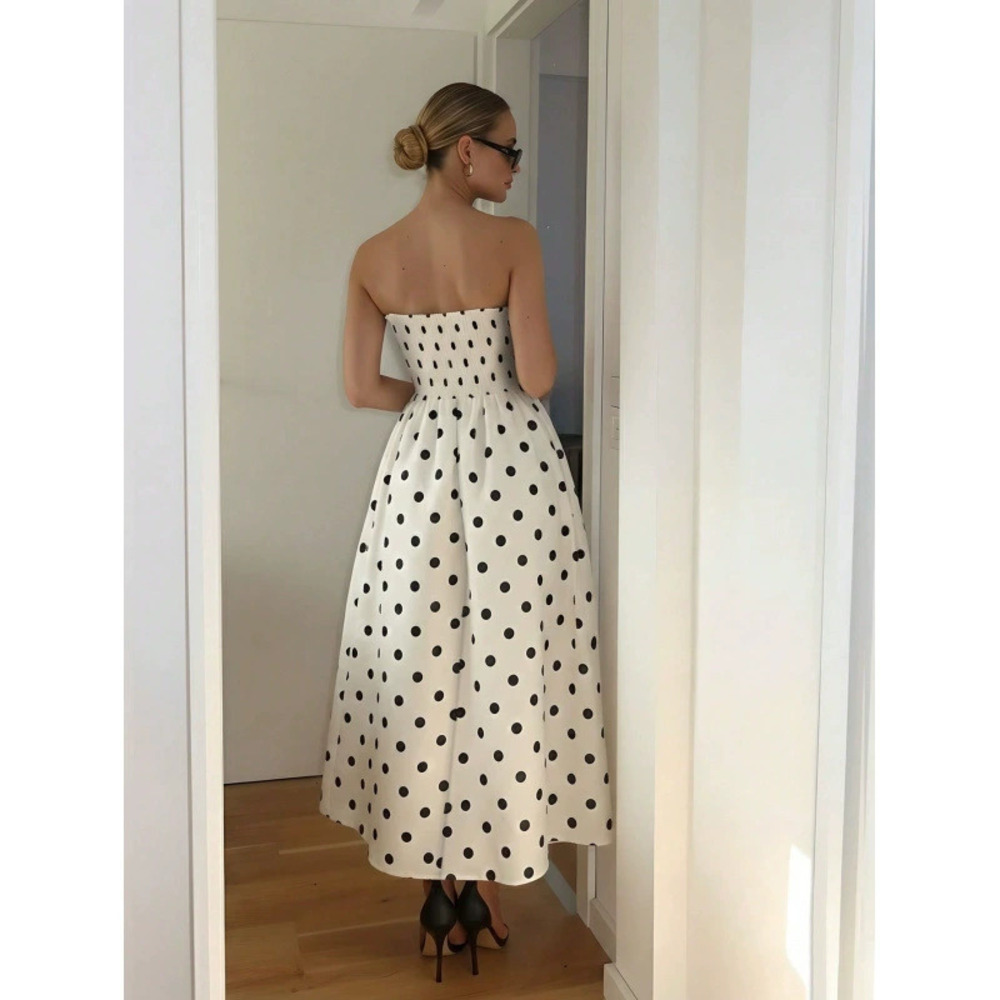 ZARA Women Polka Dot Print Strapless Waist Defining A Line Maxi Dress - Picture 2 of 5